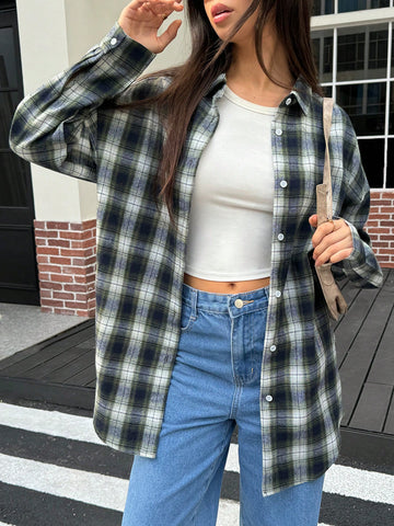 Essnce Plaid Casual Button-Up Shirt With Drop Shoulders For Women, Long Sleeve, Autumn