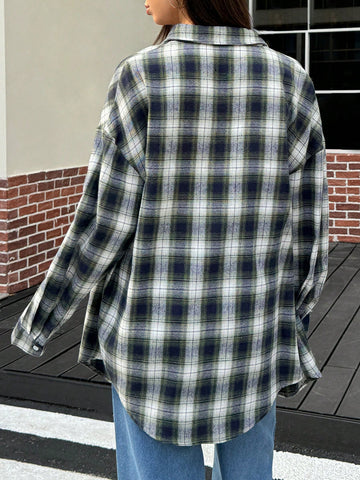 Essnce Plaid Casual Button-Up Shirt With Drop Shoulders For Women, Long Sleeve, Autumn