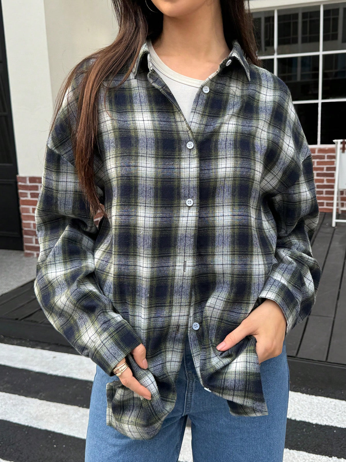 Essnce Plaid Casual Button-Up Shirt With Drop Shoulders For Women, Long Sleeve, Autumn
