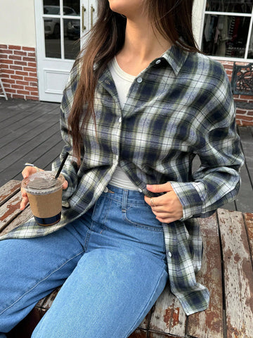 Essnce Plaid Casual Button-Up Shirt With Drop Shoulders For Women, Long Sleeve, Autumn