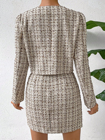Plaid Pattern Button Front Jacket & Bodycon Skirt