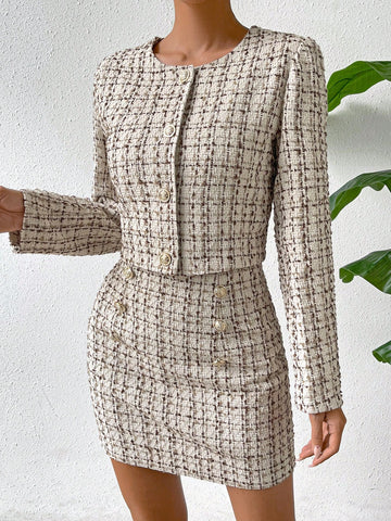 Plaid Pattern Button Front Jacket & Bodycon Skirt