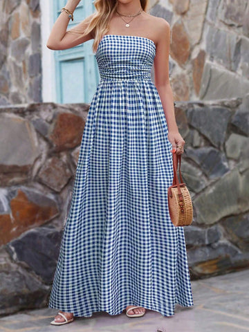 Plaid Printed Pleated Strapless Dress