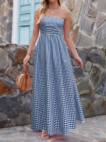 Plaid Printed Pleated Strapless Dress