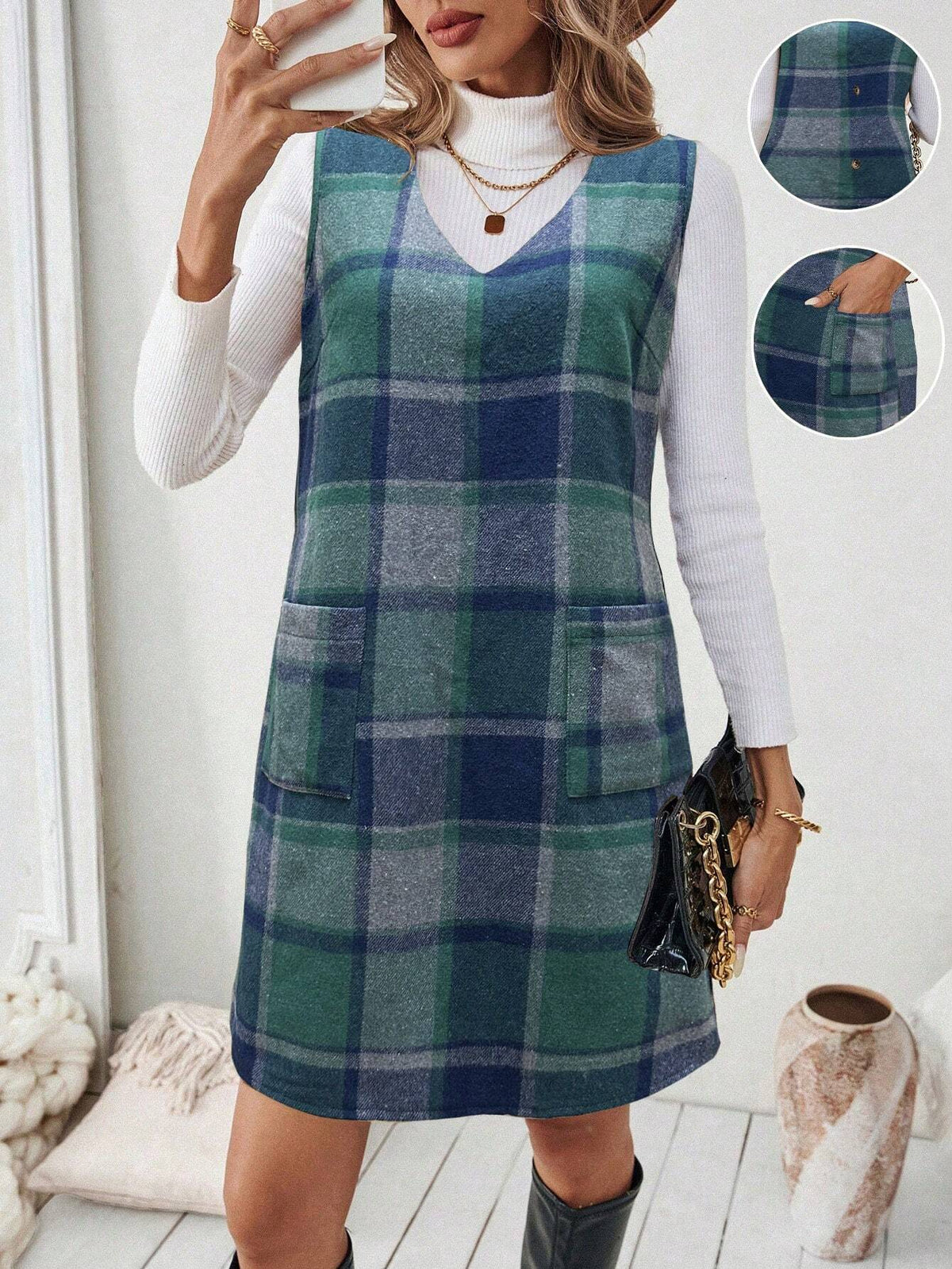 Plaid Strap Decor Sleeveless Minimalist Casual Dress, For Daily Wear