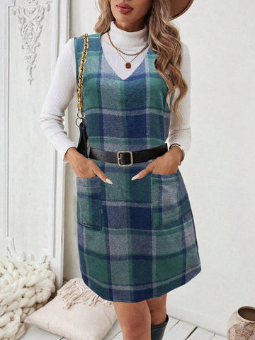 Plaid Strap Decor Sleeveless Minimalist Casual Dress, For Daily Wear