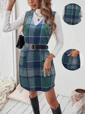 Plaid Strap Decor Sleeveless Minimalist Casual Dress, For Daily Wear