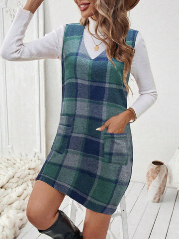 Plaid Strap Decor Sleeveless Minimalist Casual Dress, For Daily Wear