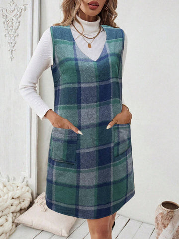 Plaid Strap Decor Sleeveless Minimalist Casual Dress, For Daily Wear