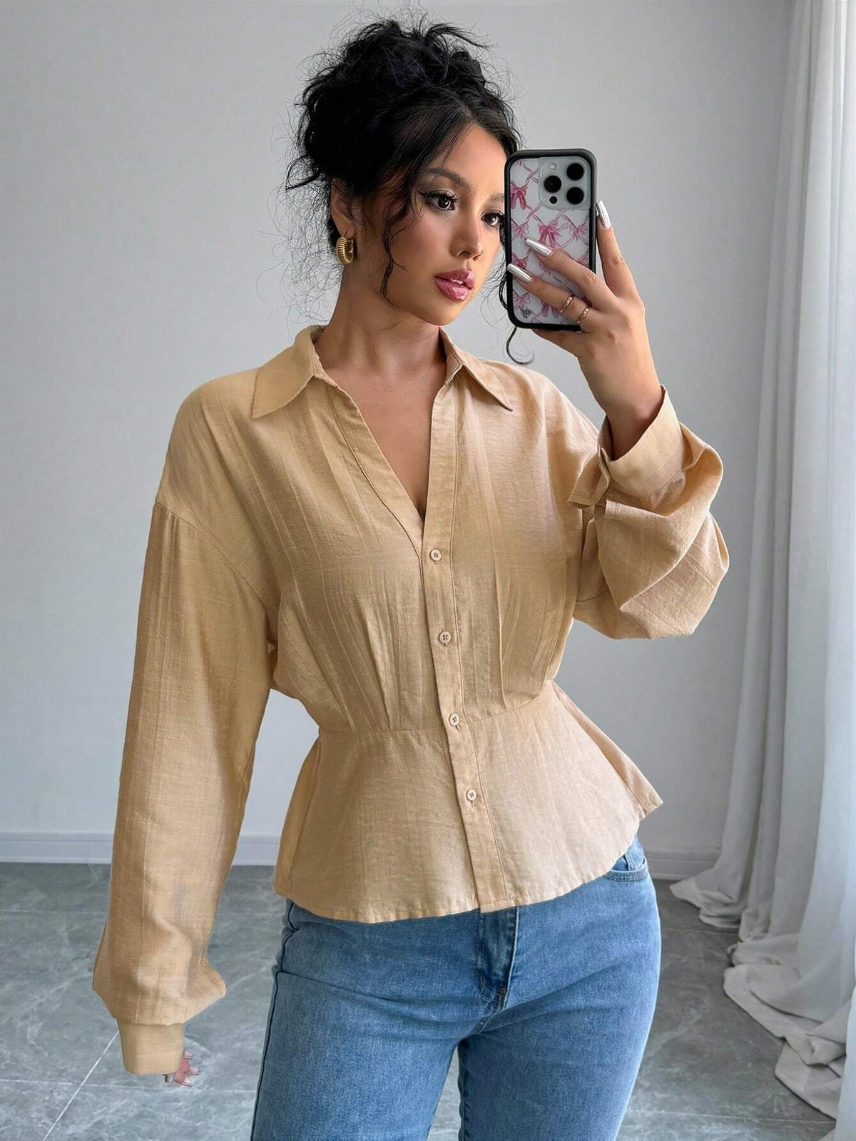 Essnce Plain Button Front Long Sleeve Casual Shirt