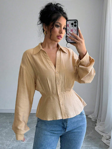 Essnce Plain Button Front Long Sleeve Casual Shirt