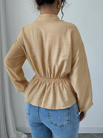 Essnce Plain Button Front Long Sleeve Casual Shirt