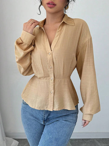 Essnce Plain Button Front Long Sleeve Casual Shirt