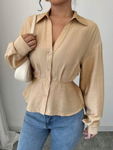 Essnce Plain Button Front Long Sleeve Casual Shirt