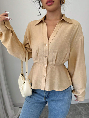 Essnce Plain Button Front Long Sleeve Casual Shirt