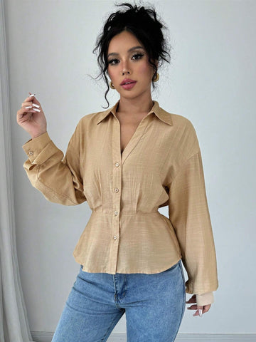 Essnce Plain Button Front Long Sleeve Casual Shirt