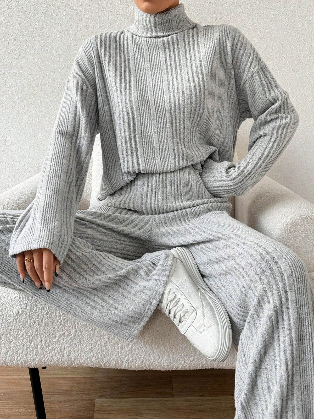 Plain Color Turtleneck Casual 2-Piece Set