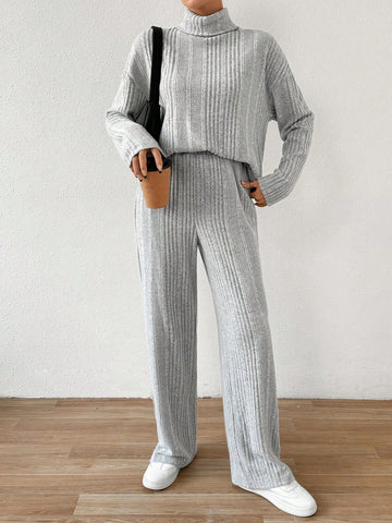Plain Color Turtleneck Casual 2-Piece Set