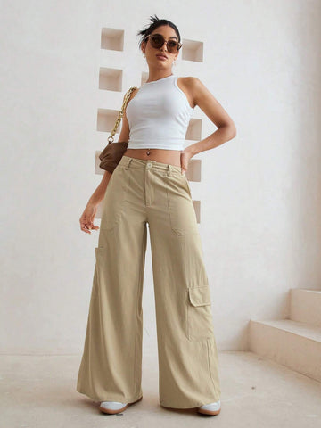 Essnce Plain Color Wide Leg Pants With Flap Pockets