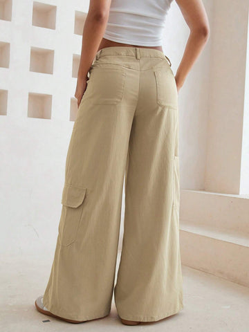Essnce Plain Color Wide Leg Pants With Flap Pockets