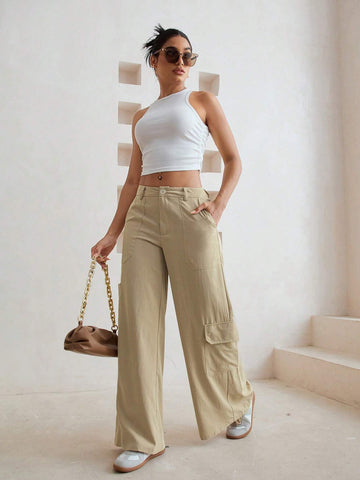 Essnce Plain Color Wide Leg Pants With Flap Pockets