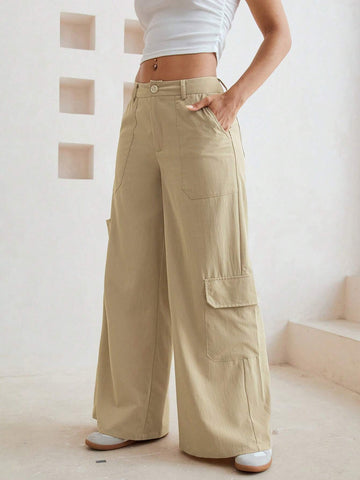 Essnce Plain Color Wide Leg Pants With Flap Pockets