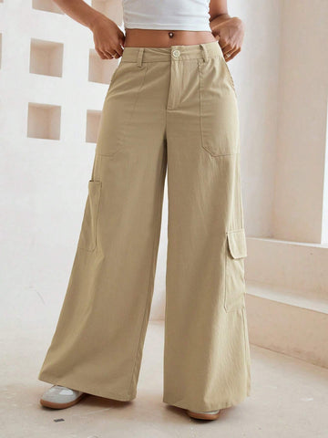 Essnce Plain Color Wide Leg Pants With Flap Pockets