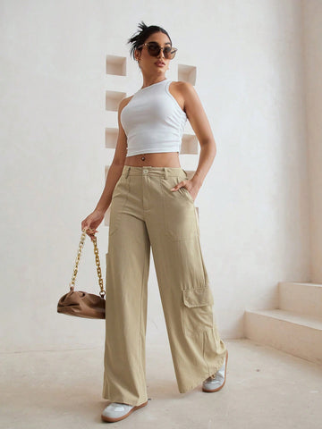 Essnce Plain Color Wide Leg Pants With Flap Pockets