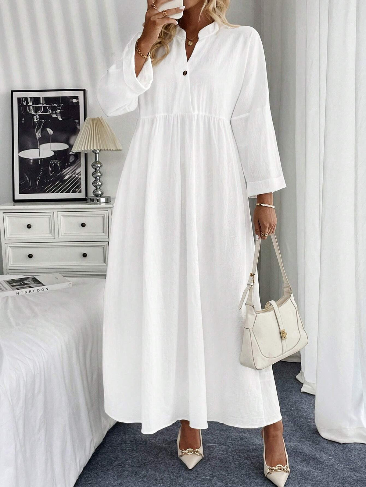 Plain Front Button Mid-Long Sleeve Pleated Long Casual Dress