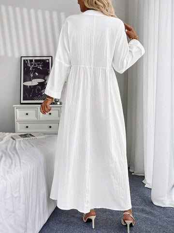 Plain Front Button Mid-Long Sleeve Pleated Long Casual Dress