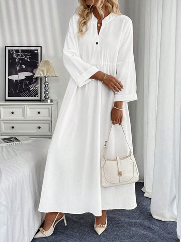 Plain Front Button Mid-Long Sleeve Pleated Long Casual Dress