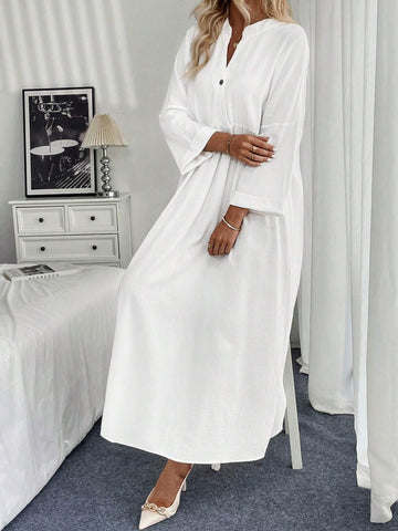 Plain Front Button Mid-Long Sleeve Pleated Long Casual Dress
