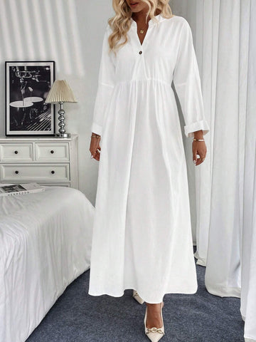 Plain Front Button Mid-Long Sleeve Pleated Long Casual Dress