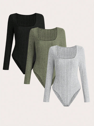Plain Ribbed Knit Bodysuit
