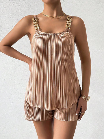 Pleated Chain Detail Cami Top And Elastic Waist Shorts