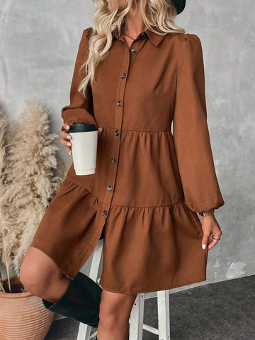Polo Collar Long Sleeve Puff Sleeve Coffee Color Dress/Skirt