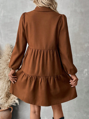 Polo Collar Long Sleeve Puff Sleeve Coffee Color Dress/Skirt