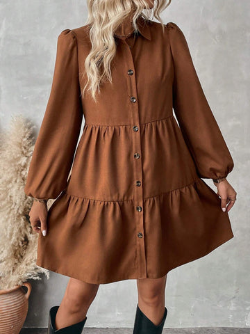 Polo Collar Long Sleeve Puff Sleeve Coffee Color Dress/Skirt