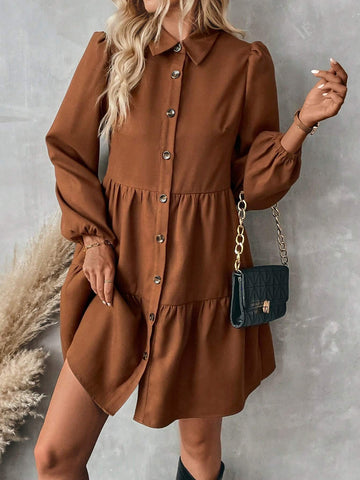 Polo Collar Long Sleeve Puff Sleeve Coffee Color Dress/Skirt