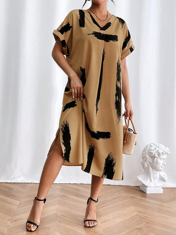 Printed V-Neck Batwing Short Sleeve Dress