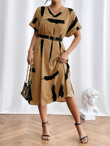 Printed V-Neck Batwing Short Sleeve Dress