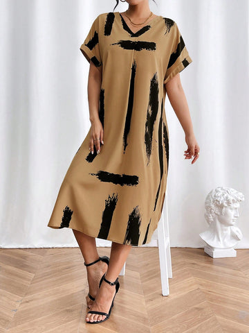 Printed V-Neck Batwing Short Sleeve Dress
