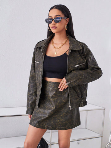 Pu Water-washed & Distressed Ladies' Two-piece Set