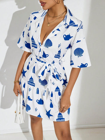 Random Printed Mid-Length Sleeve Dress With Belt
