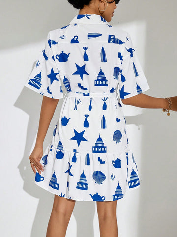 Random Printed Mid-Length Sleeve Dress With Belt