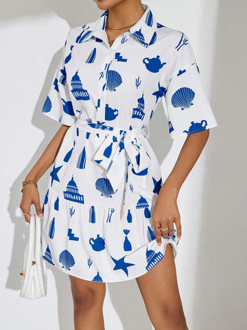 Random Printed Mid-Length Sleeve Dress With Belt