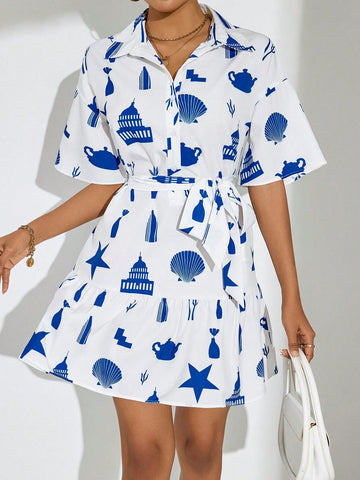 Random Printed Mid-Length Sleeve Dress With Belt