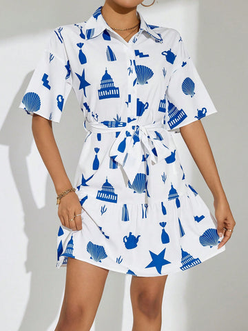 Random Printed Mid-Length Sleeve Dress With Belt