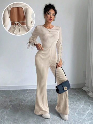 Retro Cut-Out Round Neck Long Sleeve Knitted Jumpsuit With Bow Tie Detail And Slim Fit Design