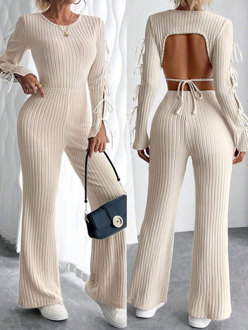 Retro Cut-Out Round Neck Long Sleeve Knitted Jumpsuit With Bow Tie Detail And Slim Fit Design